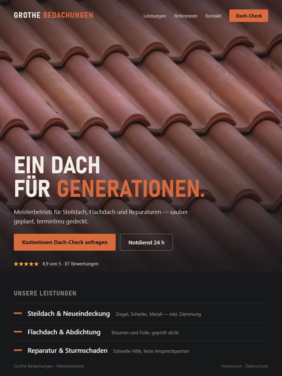 Konzeptbeispiel: moderner Neuentwurf für dieselbe erfundene Dachdeckerei mit klarer Botschaft und Anfrage-Knopf