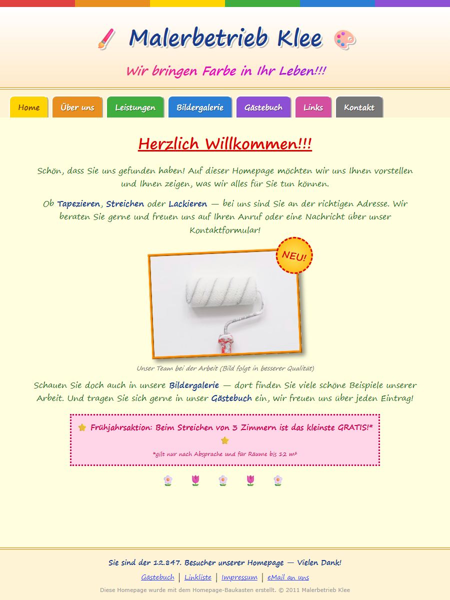 Konzeptbeispiel: veraltete Baukasten-Website eines erfundenen Malerbetriebs mit bunten Tabs und Gästebuch