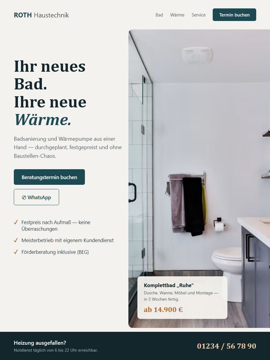 Konzeptbeispiel: moderner Neuentwurf für denselben erfundenen Heizung-und-Sanitär-Betrieb mit Festpreis-Angebot